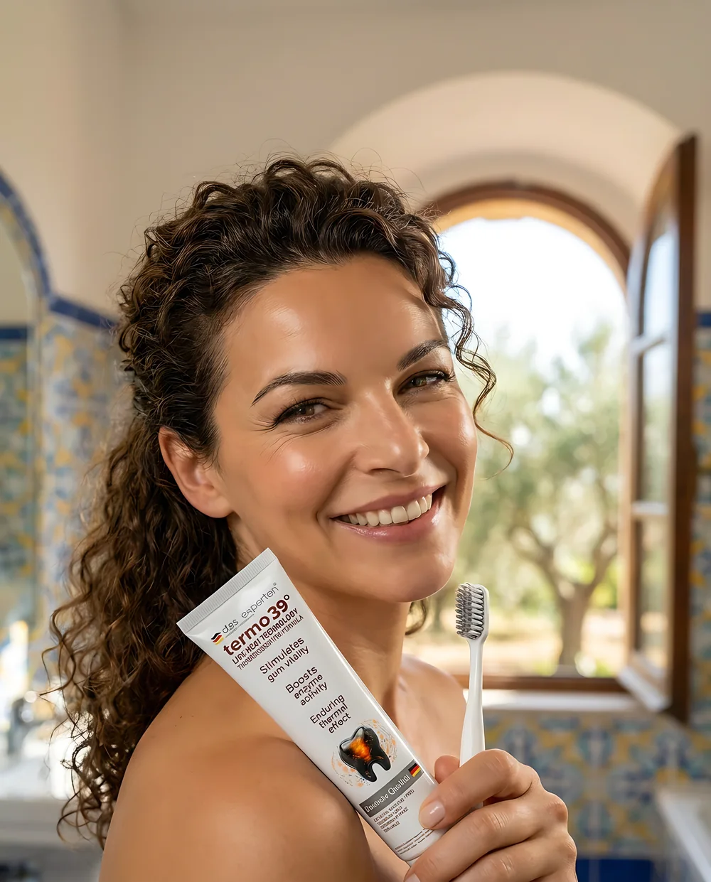 Frau verwendet Das Experten termo 39° in einem mediterranen Badezimmer